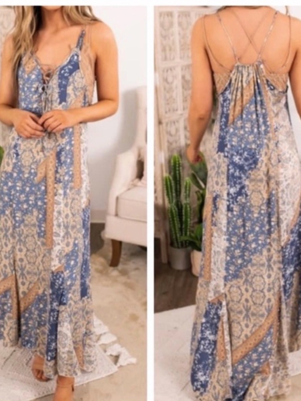 Free People intimately Work of Art Printed Maxi Dress Sz M patchwork boho fringe - Picture 3 of 12